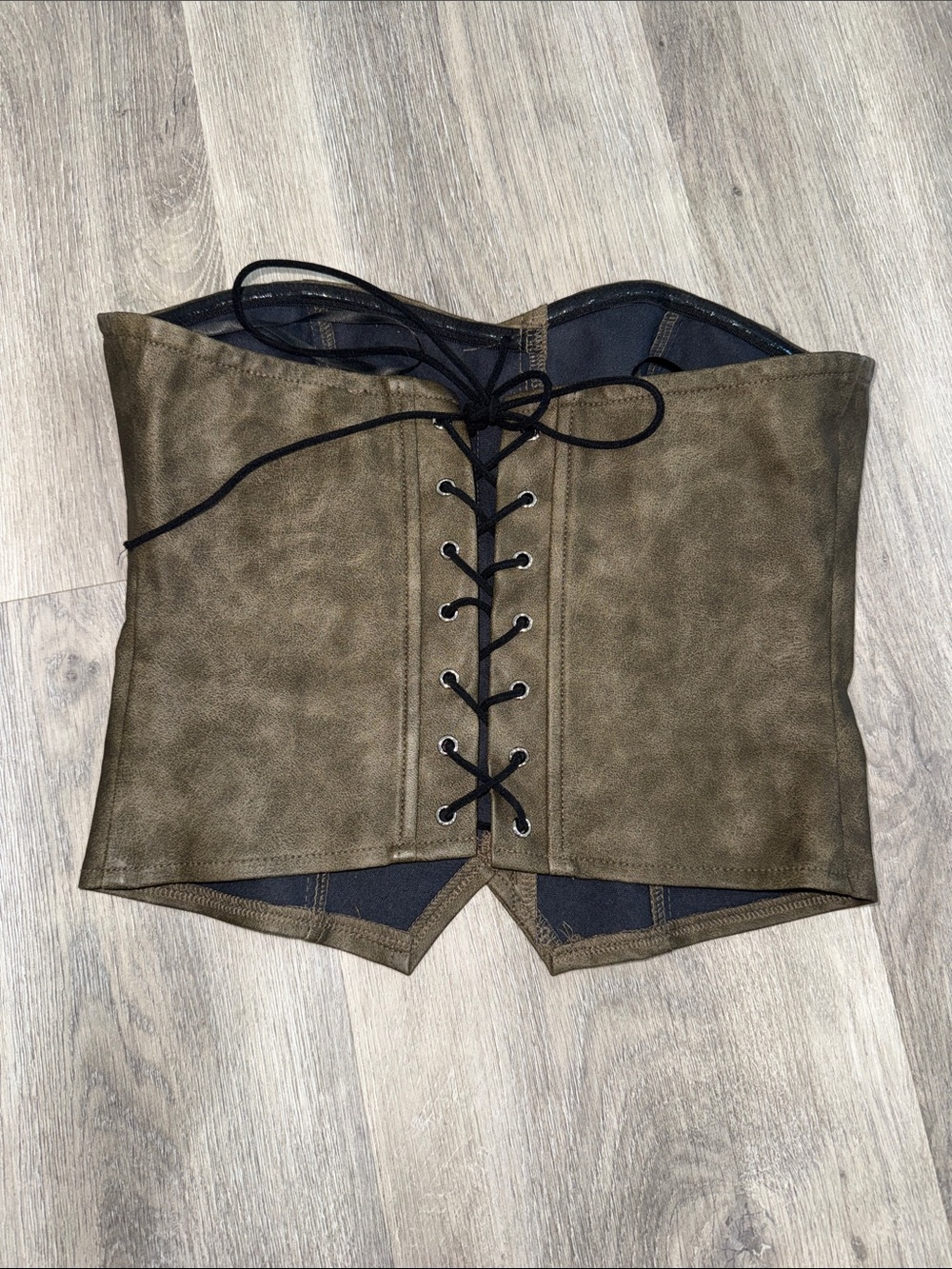 Edikted Olive Green Lace-Up Corset  Tube Top Faux Leather with Flaps